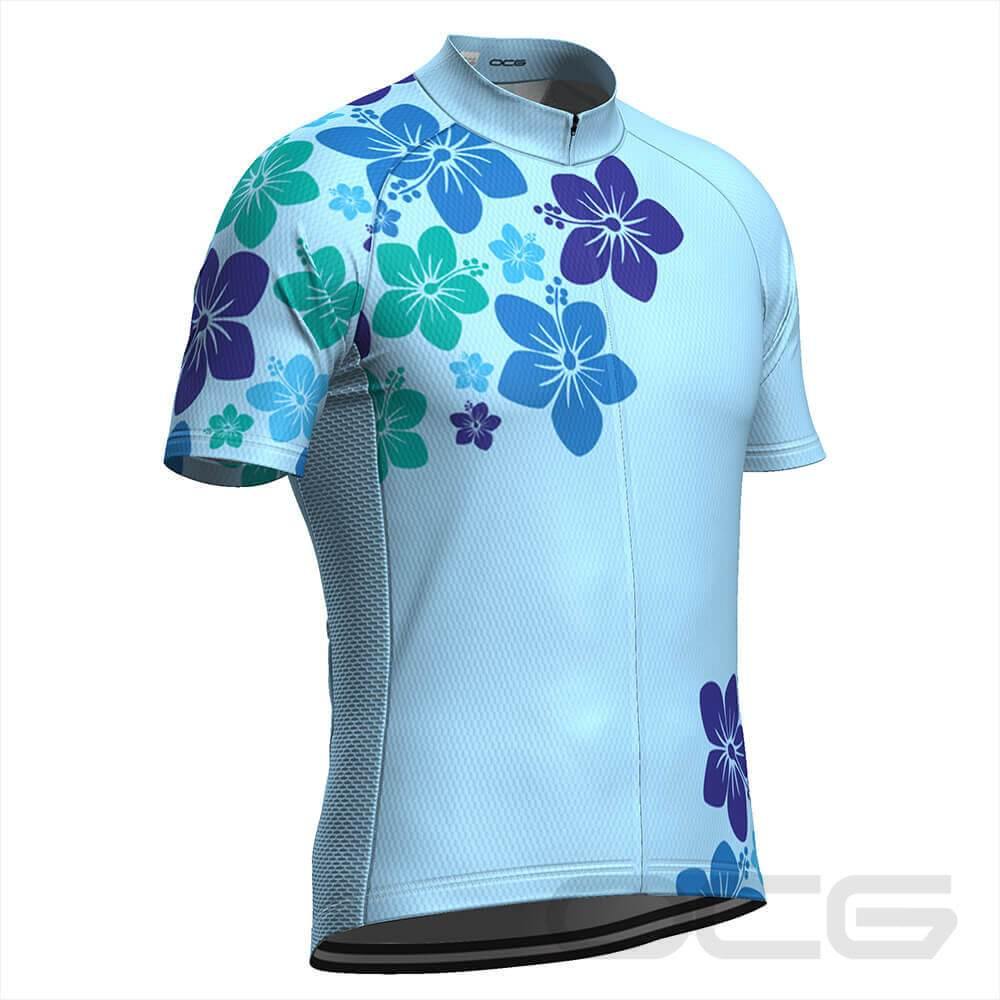 Men's Blue Hawaiian Floral Short Sleeve Cycling Jersey