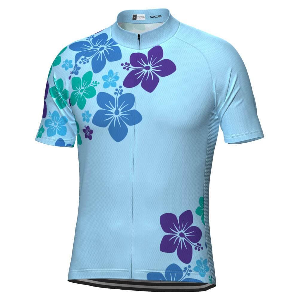 Men's Blue Hawaiian Floral Short Sleeve Cycling Jersey