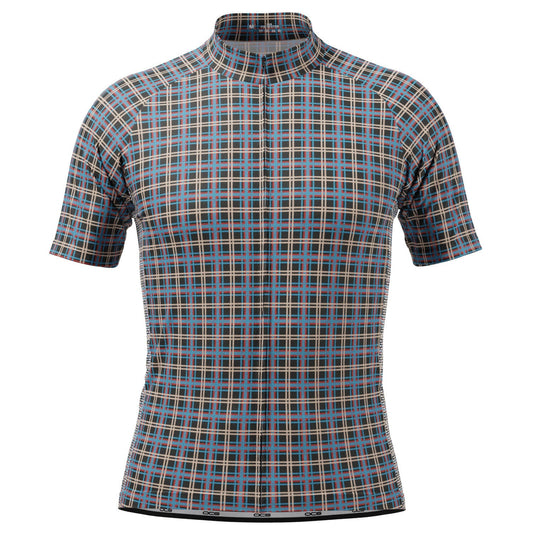 Men's Blue Plaid Checkered Short Sleeve Cycling Jersey