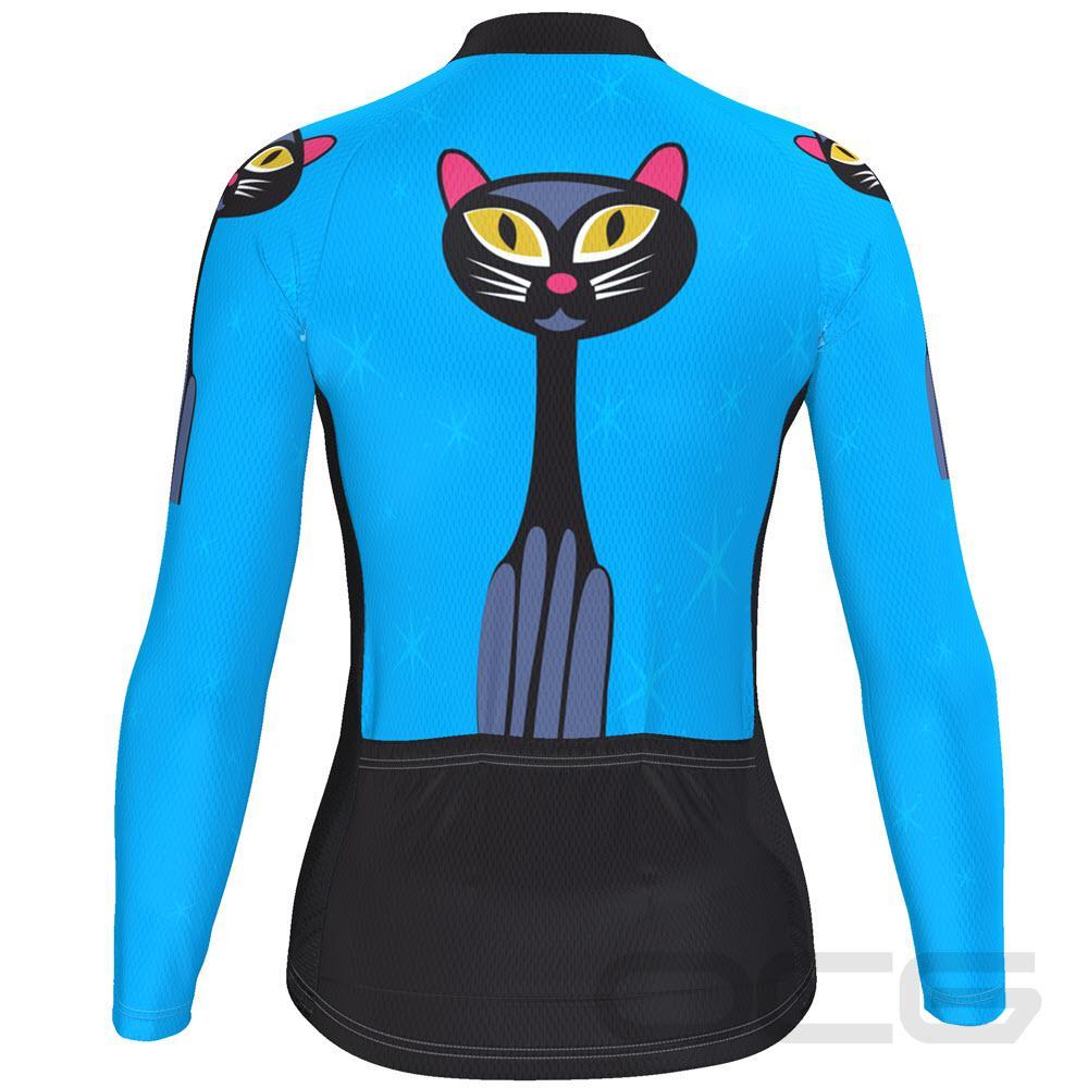 Women's Starry Night Cat Blue Long Sleeve Cycling Jersey